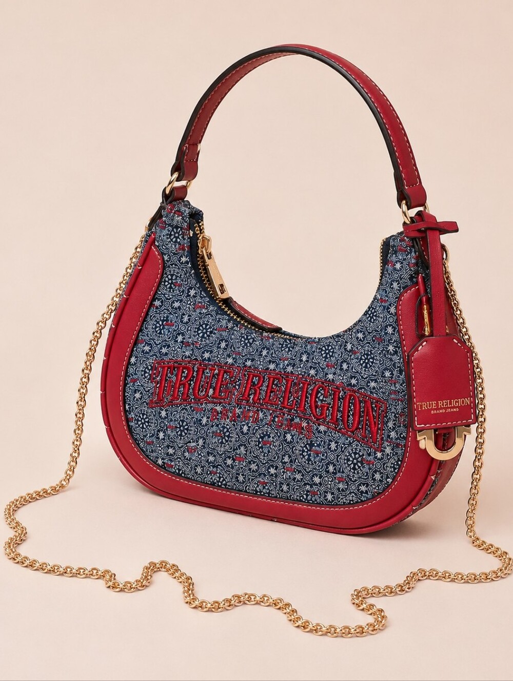 🆕️NWT True Religion Denim Hobo Bag Red Trim Gold Chain Y2K Bag Shoulder Purse
